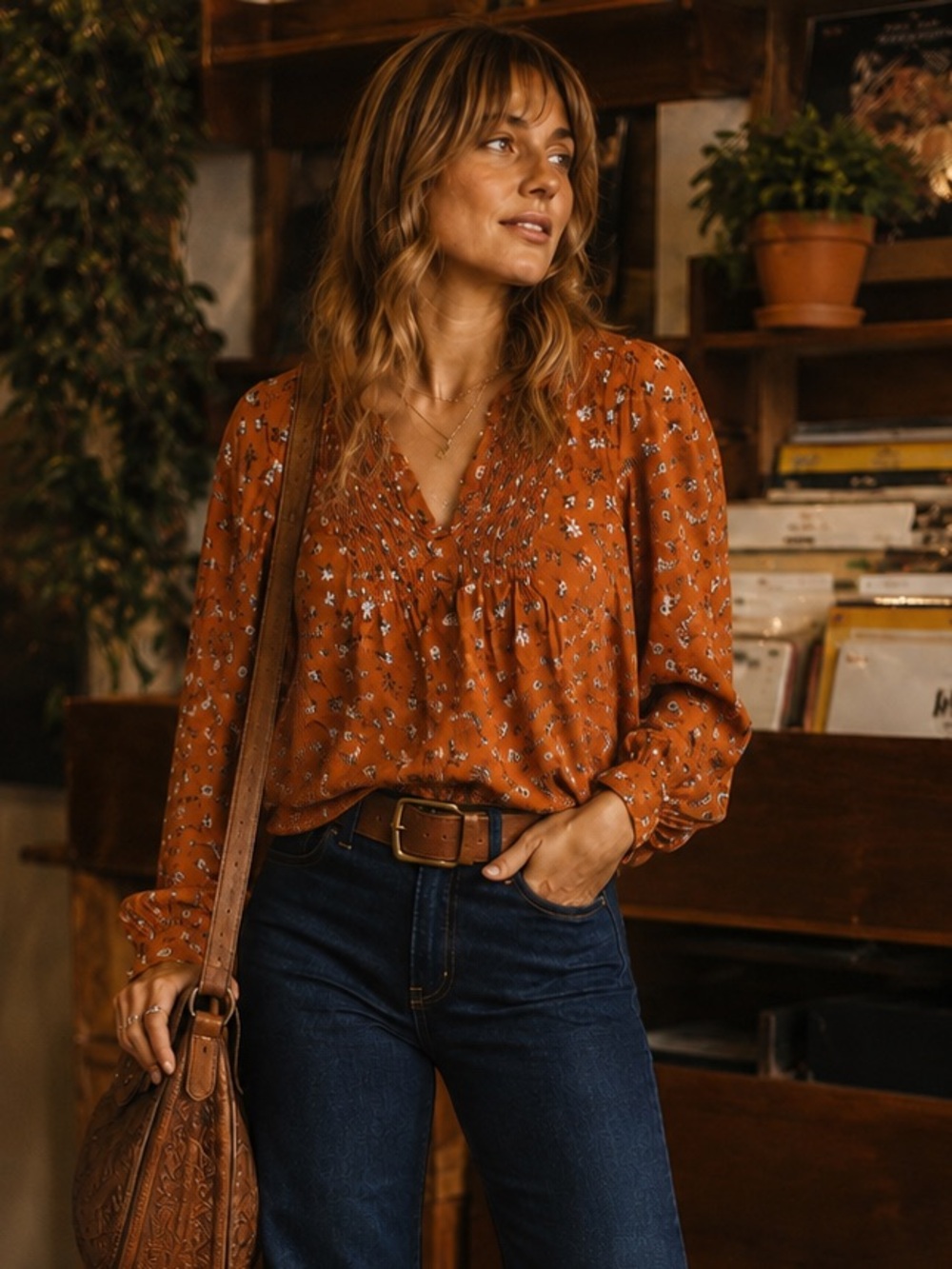 Lucky Brand XS Rust Orange Floral Smocked Boho Peasant Blouse Western Fall